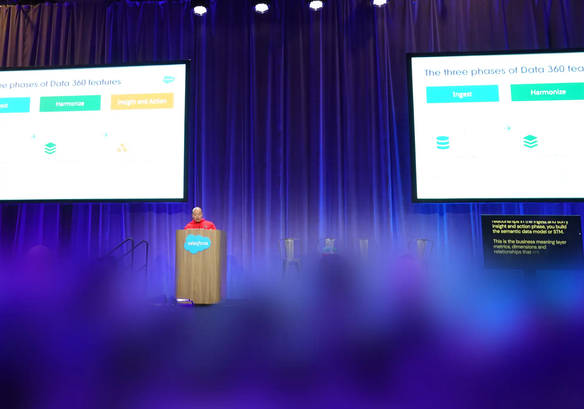 Presenting Data 360 at a Salesforce podium at TDX 2026 in San Francisco